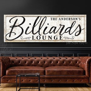 Personalized Billiards Sign Modern Farmhouse Wall Decor Last Name Pool Hall Table Basement Bar & Lounge Rustic Vintage Wall Art Canvas Print