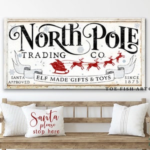 Rustic Christmas Sign North Pole Trading Company Sign Modern Farmhouse Wall Decor Vintage Holiday Wall Art Name Established Sign Large Print
