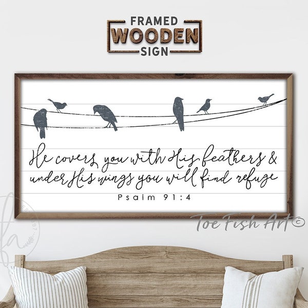 WOOD SIGN! He Covers You With His Feathers Sign Modern Farmhouse Wall Decor Framed Wooden Psalm 91:4 Christian Rustic Distressed Scripture