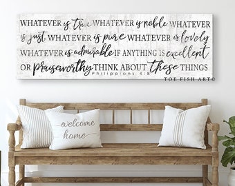 Whatever is True Sign, Canvas Wall Art, Philippians 4:8, Scripture, Bible Verse, Large Sign, Farmhouse, Home Decor, Print, Living Room