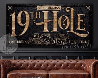 19th Hole Bar and Lounge Sign Personalized Golfing Signs Modern Farmhouse Wall Decor Customized Name Rustic Vintage Wall Art Canvas Print