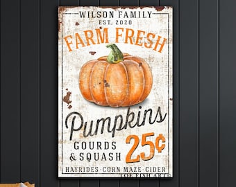 Farm Fresh Pumpkins Rustic Fall Decor Name Sign Modern Farmhouse Wall Decor Autumn Farm Harvest Thanksgiving Vintage Canvas Print Wall Art