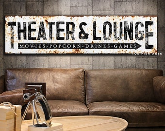 Modern Farmhouse Wall Decor Family Theater Sign Large Rustic Wall Art Industrial Vintage Signs Canvas Print Game Movie Room Home Theater Fun