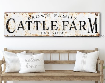 Modern Farmhouse Wall Decor Cattle Sign Cow Farm Sign Custom Last Name Established Family Sign Large Rustic Living Room Art canvas print