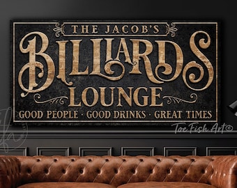 Personalized Billiards Sign Modern Farmhouse Wall Decor Last Name Pool Hall Table Basement Bar & Lounge Rustic Vintage Canvas or Metal Print