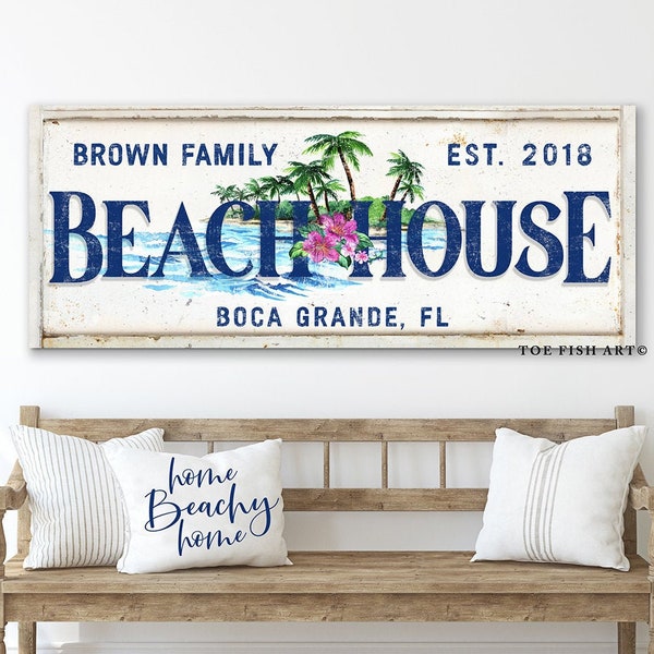 Custom Beach House Sign Personalized Established Last Name Family Sign Coastal Wall Decor Large Rustic Modern Living Room Signs Canvas Print