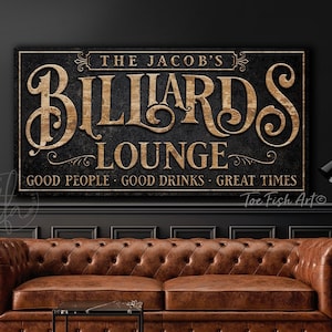 Personalized Billiards Sign Modern Farmhouse Wall Decor Last Name Pool Hall Table Basement Bar & Lounge Rustic Vintage Canvas or Metal Print