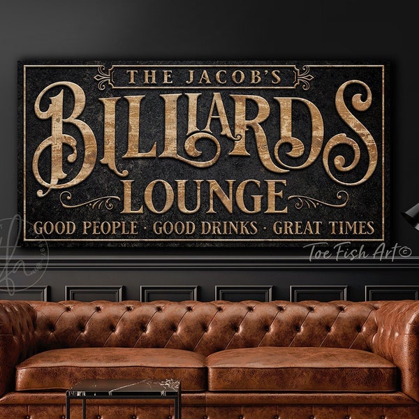 Personalized Billiards Sign Modern Farmhouse Wall Decor Last Name Pool Hall Table Basement Bar & Lounge Rustic Vintage Canvas or Metal Print