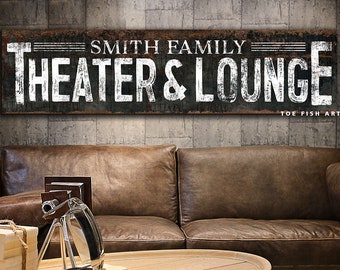 Personalized Theater & Lounge Sign Movie Room Sign Modern Farmhouse Wall Decor Custom Family Name Home Theater Sign Rustic Canvas Print Art