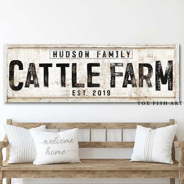 Modern Farmhouse Decor Cattle Sign Last Name Family Established Sign Cow Farm Large Rustic Wall Art Industrial Vintage Style Canvas Print