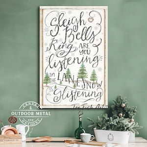 Sleigh Bells Ring Sign Christmas Decor Holiday Sleigh Rides Signs Modern Farmhouse Art Porch Patio Sign Rustic Canvas or Outdoor Metal Print