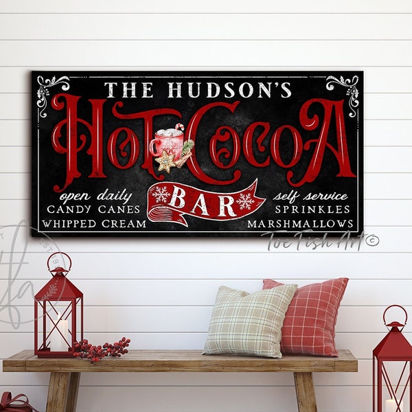 Hot Cocoa Bar Sign Personalized Rustic Christmas Sign Farmhouse Wall Decor Vintage Holiday Wall Art Old Fashioned Chocolate  Canvas Print