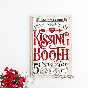 Valentines Day Kissing Booth Sign Modern Farmhouse Wall Decor Vintage Love Art Canvas Print Vertical Rustic Chic Industrial Cute Kiss Smooch