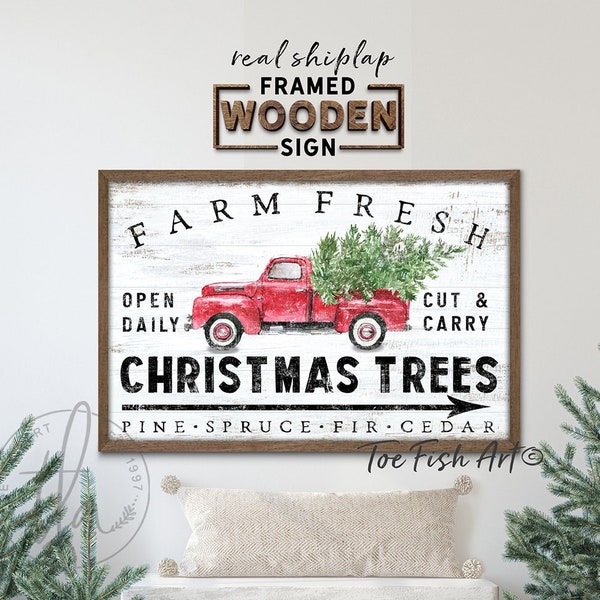 Farm Fresh Christmas Trees Sign Rustic Christmas Wall Art Holiday Fun Truck Modern Farmhouse Decor Vintage Shiplap Framed Wooden WOOD SIGN!