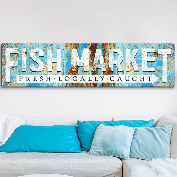 Modern Farmhouse Decor Fresh Market Sign Fish Market Sign Large Rustic Wall Art Fishing Company Beach Industrial Vintage Art Canvas Print