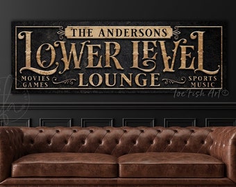 Lower Level Sign Personalized Basement Sign Custom Modern Farmhouse Wall Decor Man Cave Theater Games Sports Art Bar & Lounge Canvas Print