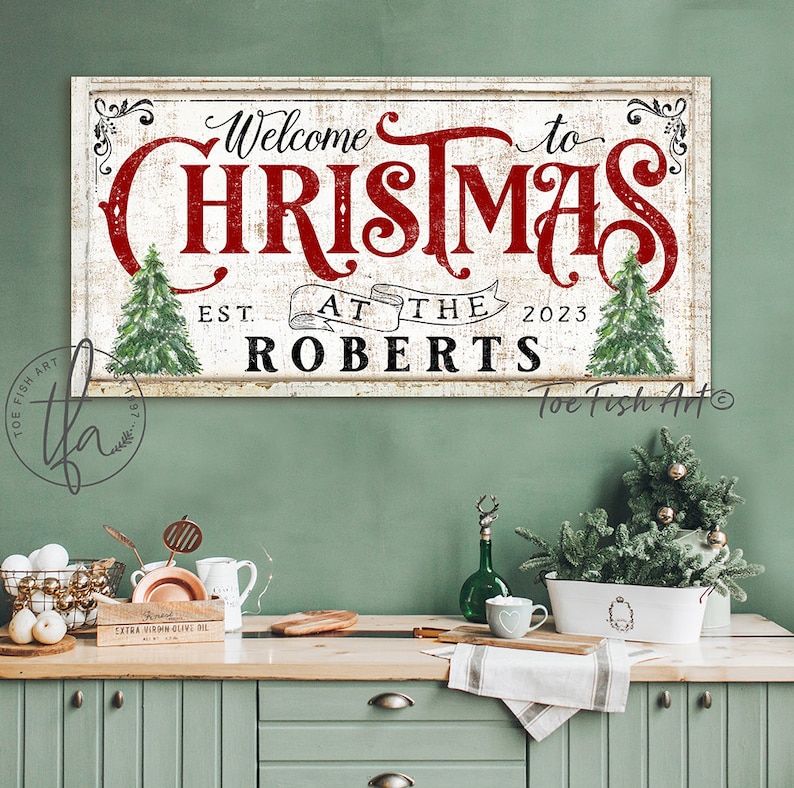 Christmas Decor Sign Personalized Custom Family Name Sign Modern Farmhouse Wall Decor Welcome Home Holiday Art Canvas or Outdoor Metal Print image 3