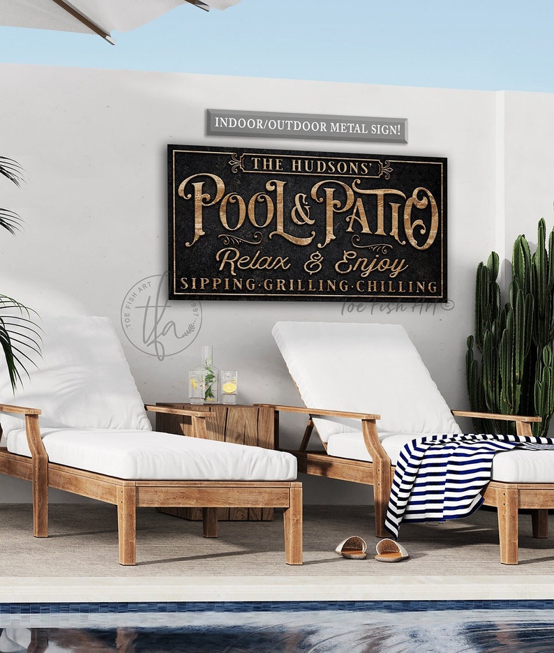 METAL SIGN Personalized Pool & Patio Sign Backyard Bar and Grill Pool Deck Custom Family Name Sign Modern Farmhouse Wall Art Rustic Print Vintage BLACK -Pic1