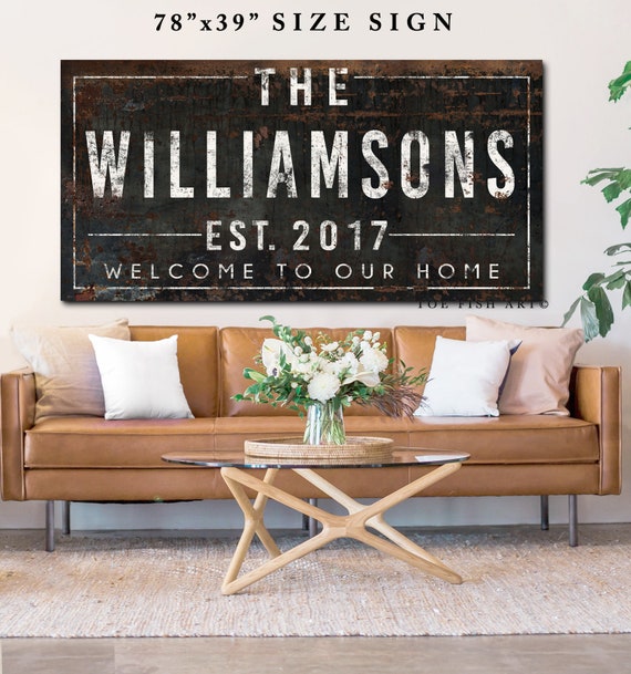 Modern Farmhouse Wall Decor Personalized Last Name Established Family Sign  Rustic Farm Large Vintage Living Room Rustic Canvas Print 