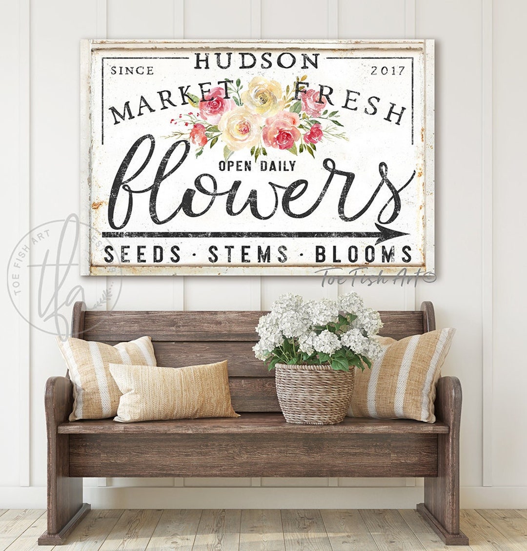Flower Market Sign Personalized Custom Family Name Sign Vintage Farmhouse  Wall Decor Rustic Fresh Floral Modern Kitchen Country Canvas Print 