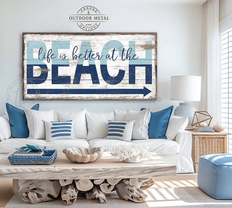 Personalized Beach House Sign Coastal Wall Decor Nautical Art Pool & Patio Life is better at the Beach Rustic Canvas or Outdoor Metal Print image 6