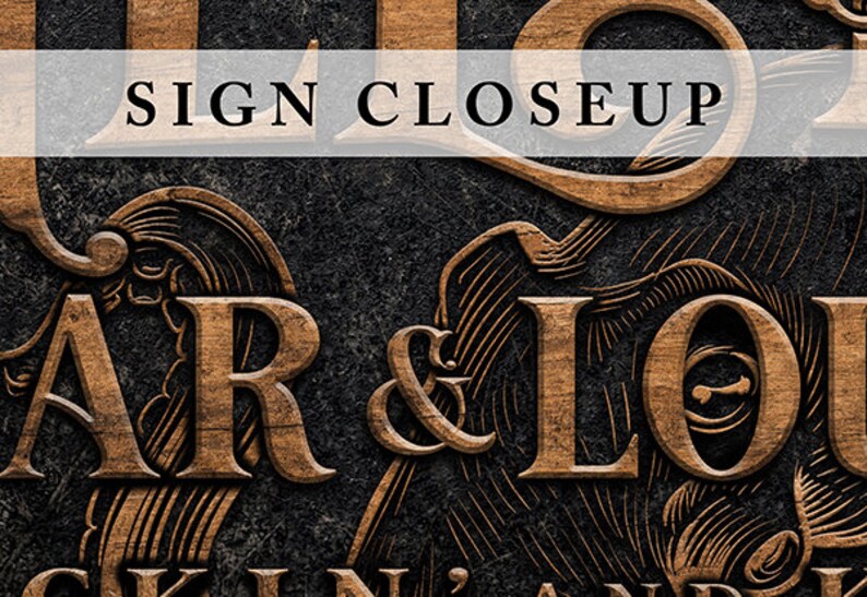 May include: Close-up of a wooden sign with the text "Bar & Lounge" carved into the wood. The sign has a dark brown background and the text is in a light brown color.