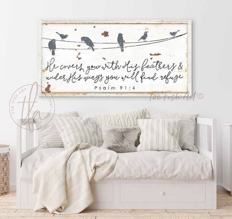 He Covers You With His Feathers Modern Farmhouse Decor Psalm 91:4 Christian Wall Art Rustic Farmhouse Distressed Scripture Canvas Print Art image 1