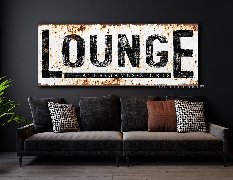 Modern Farmhouse Wall Decor Family Lounge Sign Large Rustic Wall Art Industrial Vintage Signs Canvas Print Game Movie Room Home Theater Sign Theater, Games..Pic1