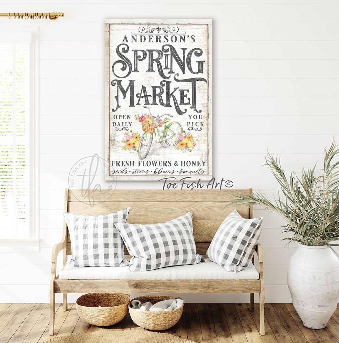 Spring Market Sign Family Name Art Vintage Farmhouse Wall Decor Rustic ...