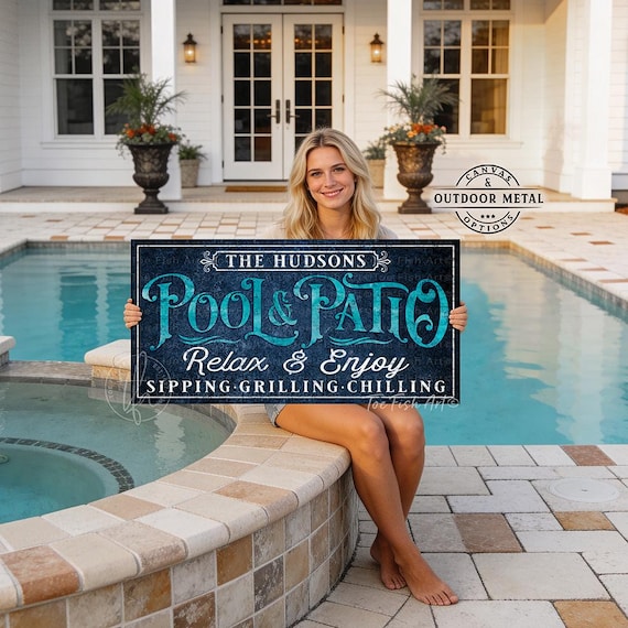 Personalized Pool & Patio Sign- Custom Family Name Metal Print, Outdoor Backyard Wall Decor, Bar Grill Lanai Deck Art, Exterior Sign