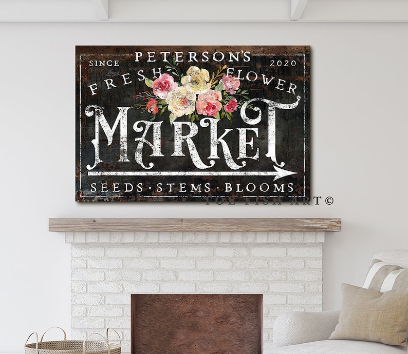 Flower Market Sign Custom Family Name Sign Vintage Farmhouse Wall Decor Rustic Fresh Flowers Modern Kitchen Primitive Country Home Decor Art