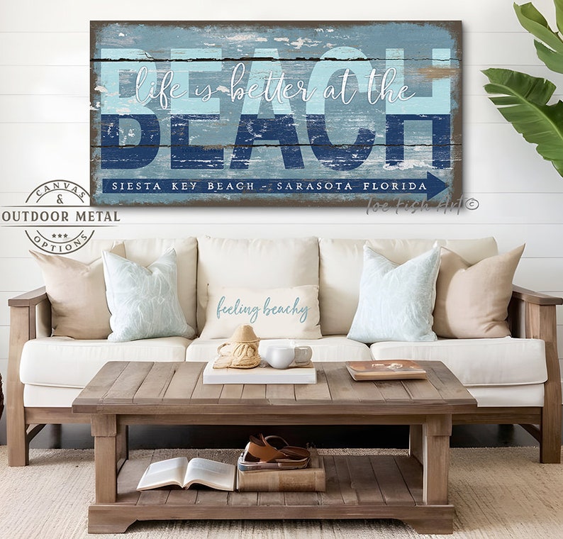 Personalized Beach House Sign Coastal Wall Decor Nautical Art Pool & Patio Life is better at the Beach Rustic Canvas or Outdoor Metal Print image 2