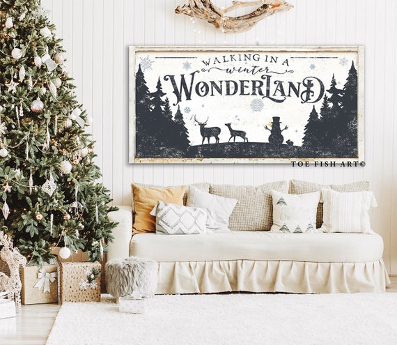 Rustic Christmas Sign Walking in a Winter Wonderland Modern Farmhouse Wall  Decor Vintage Holiday Wall Art Name Established Sign Large Print 