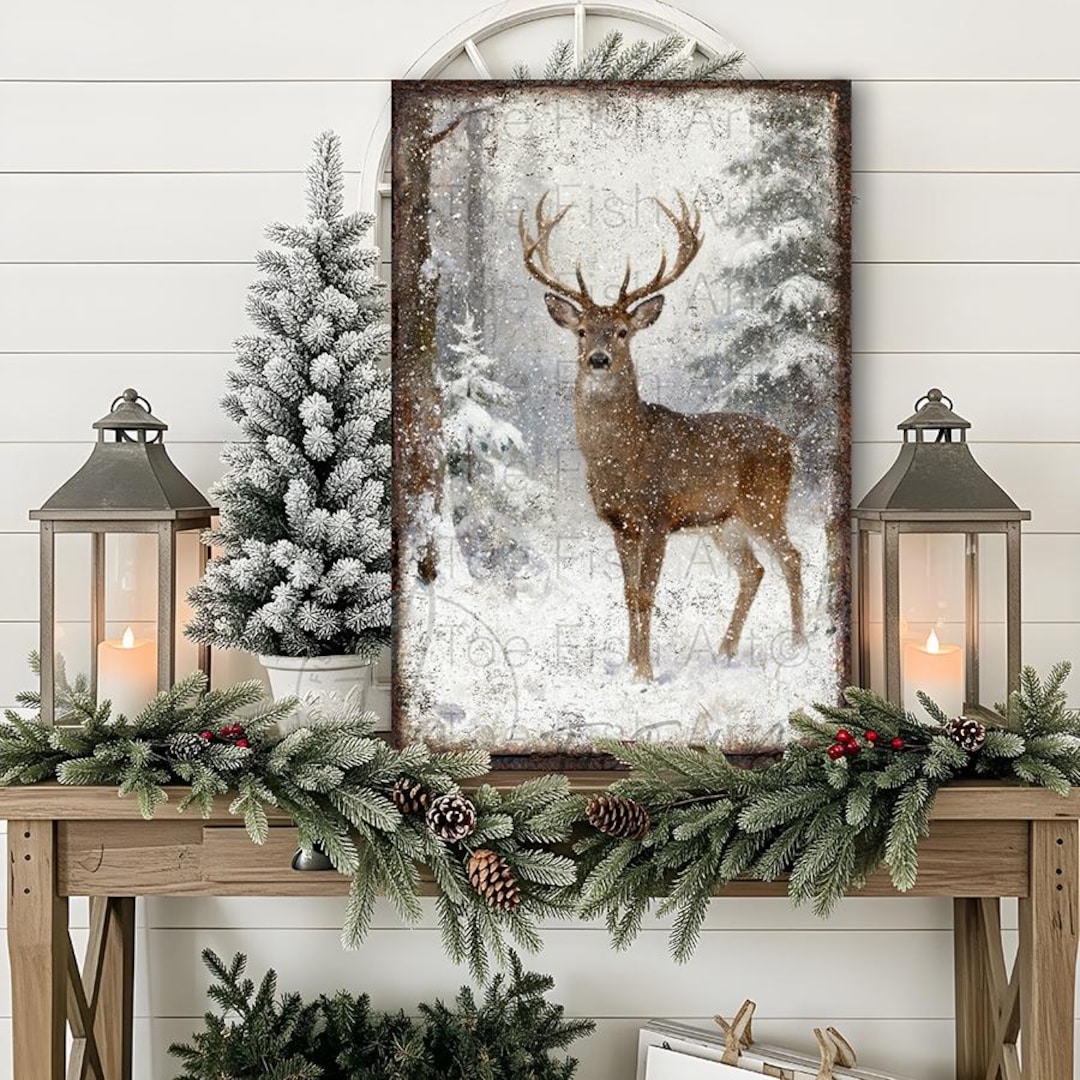 Vintage Winter Deer Sign - Rustic Christmas Wall Art, Holiday Decor ...