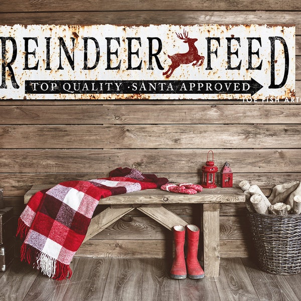 Reindeer Feed Sign Rustic Wall Decor Modern Farmhouse Primitive Holiday Signs Vintage Christmas Wall Art Holiday Canvas Print Chic Decor