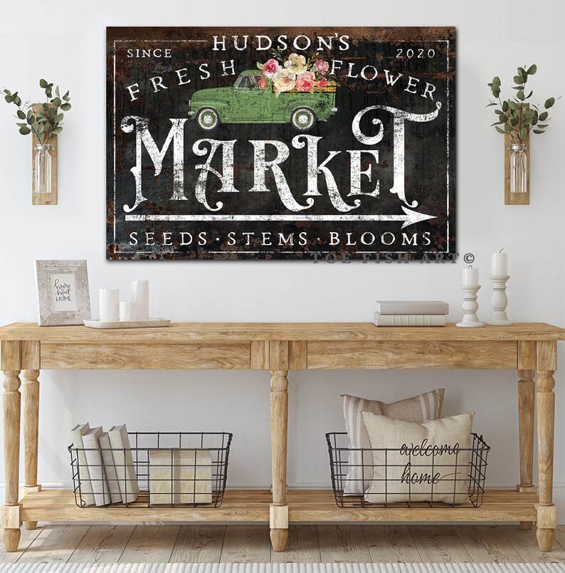 Flower Market Sign Custom Family Name Sign Vintage Farmhouse Wall Decor Rustic Fresh Flowers Modern Kitchen Primitive Country Home Decor Art