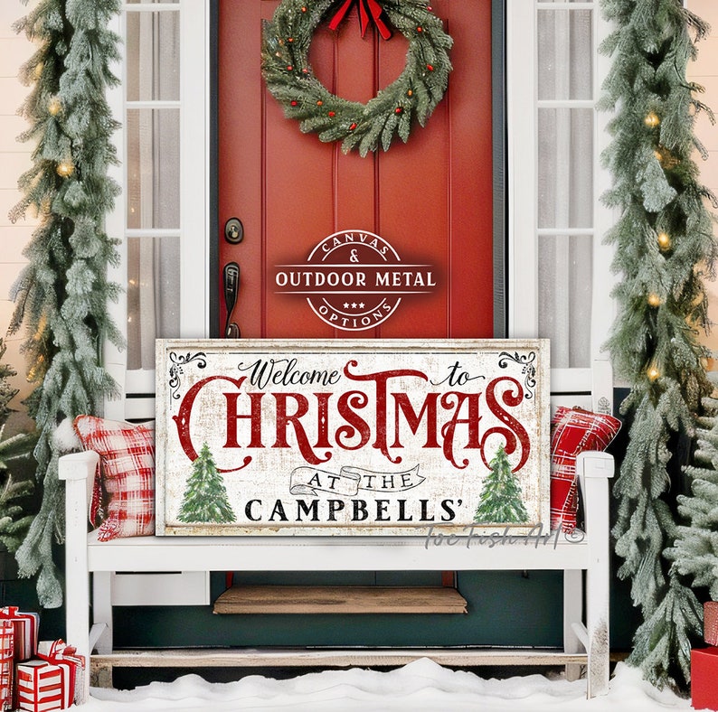 Christmas Decor Sign Personalized Custom Family Name Sign Modern Farmhouse Wall Decor Welcome Home Holiday Art Canvas or Outdoor Metal Print image 2