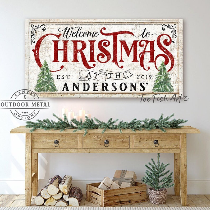 Christmas Decor Sign Personalized Custom Family Name Sign Modern Farmhouse Wall Decor Welcome Home Holiday Art Canvas or Outdoor Metal Print image 1