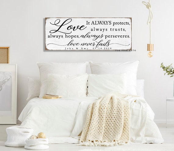 Love Never Fails Master Bedroom Rustic Farmhouse Wall Decor Scripture Sign 1 Corinthians 13 Catholic Wedding Canvas Print Headboard Custom