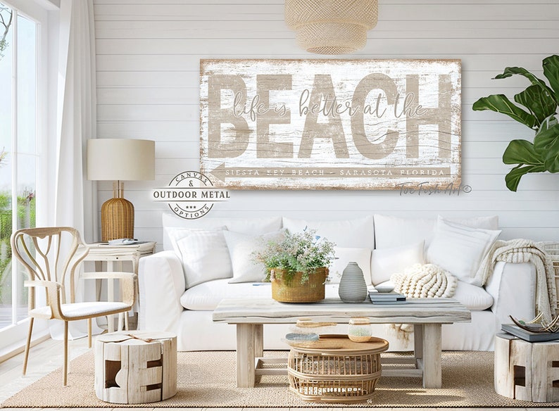 Personalized Beach House Sign Coastal Wall Decor Nautical Art Pool & Patio Life is better at the Beach Rustic Canvas or Outdoor Metal Print image 3