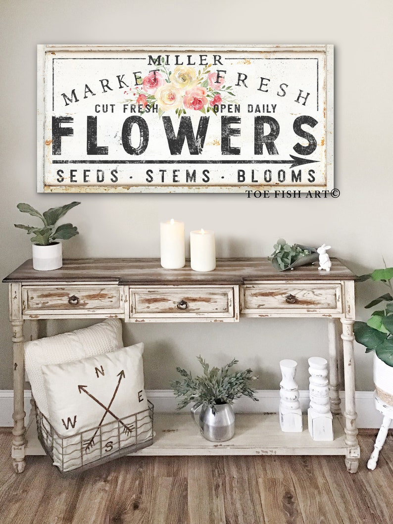 Custom Family Name Sign Vintage Farmhouse Wall Decor Fresh Flowers Market Modern Kitchen Art Primitive French Country Home Decor Wall Art 