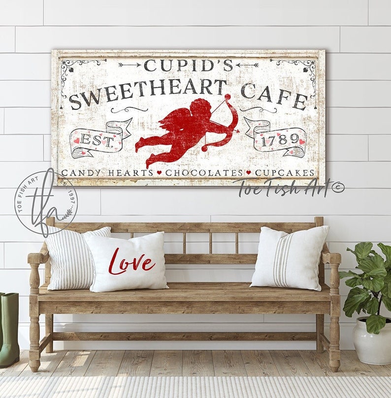 Cupid's Sweetheart Cafe Valentines Day Sign Modern Farmhouse Wall Decor Farm Vintage Love Art Canvas Print Art Rustic Chic Lip Kiss Love image 1