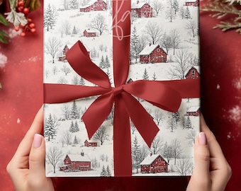 Carta da regalo vintage, rotolo di carta da regalo natalizia per le vacanze invernali, carta da regalo classica natalizia, carta da regalo natalizia nostalgica con motivo fienile