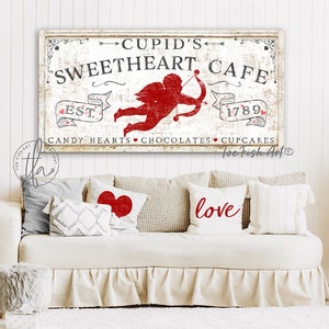 Cupid's Sweetheart Cafe Valentines Day Sign Modern Farmhouse Wall Decor Farm Vintage Love Art Canvas Print Art Rustic Chic Lip Kiss Love image 2