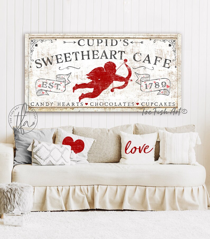 Cupid's Sweetheart Cafe Valentines Day Sign Modern Farmhouse Wall Decor Farm Vintage Love Art Canvas Print Art Rustic Chic Lip Kiss Love image 2