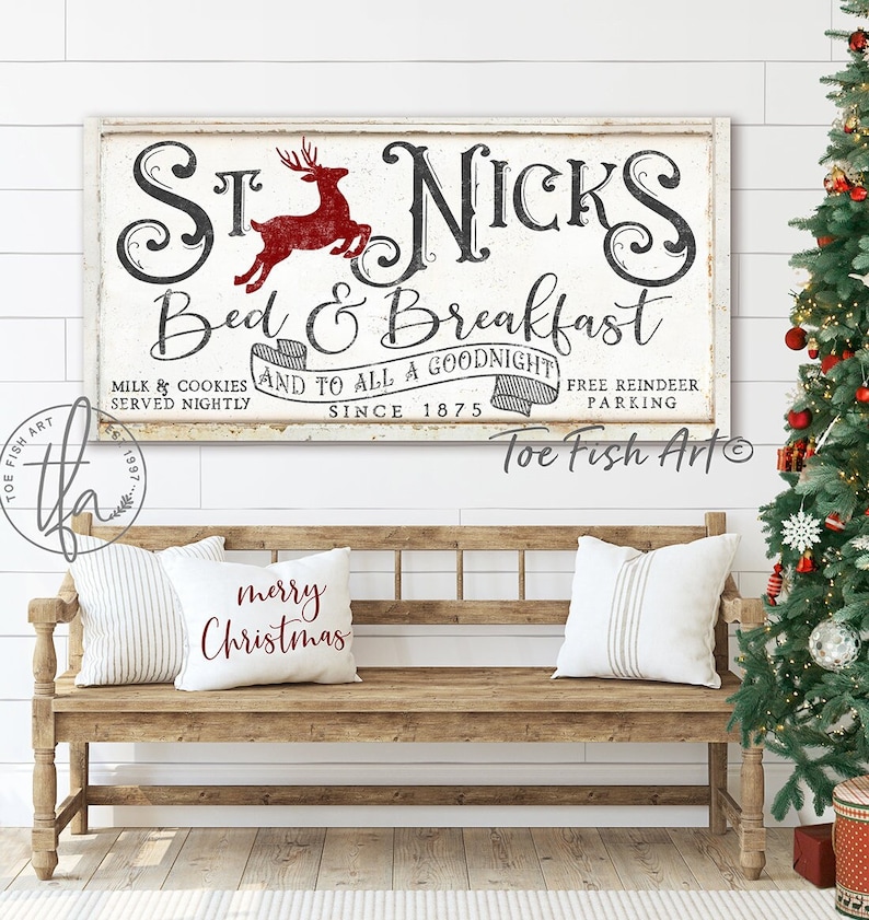 Rustic Christmas Sign Bed & Breakfast Sign Modern Farmhouse Wall Decor Vintage Holiday Wall Art Porch Sign St Nick's Canvas or Outdoor Metal afbeelding 1