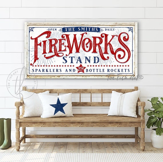 4th of July Sign Fireworks Stand Sign Personalized Wall Decor 1776 Patriotic Rustic Independence Day Americana Canvas or Outdoor Metal Print