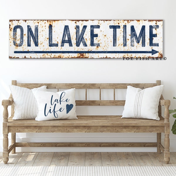 ON LAKE TIME Lake House Sign Lake Life Modern Farmhouse Wall Decor Large Rustic Wall Art Modern Living Room Signs Wall Summer Cottage Cabin