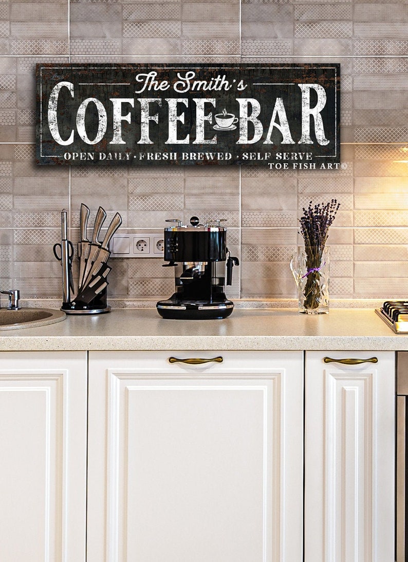 COFFEE BAR SIGN Modern Farmhouse Wall Decor Personalized Family Name Sign Large Rustic Custom Wall Art Industrial Vintage Art Canvas Print 