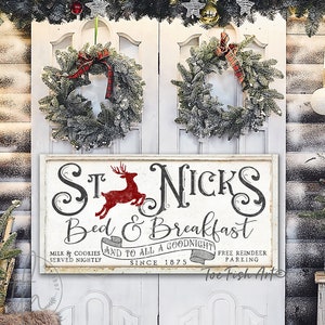 Rustic Christmas Sign Bed & Breakfast Sign Modern Farmhouse Wall Decor Vintage Holiday Wall Art Porch Sign St Nick's Canvas or Outdoor Metal image 3